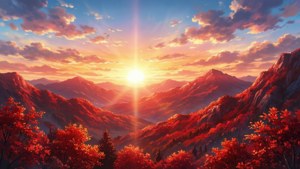 Paisaje de montañas rojas vibrantes al atardecer con estilo anime