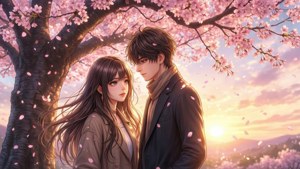 Pareja de anime bajo un árbol de cerezo al atardecer — Pareja de anime GIF Fondos de pantalla