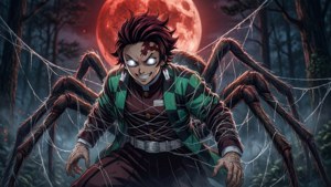 Rui posado en su telaraña bajo una luna carmesí
