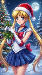 Sailor Moon con gorro de Santa Claus junto al árbol de Navidad