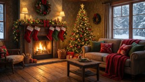 Una acogedora sala de estar con chimenea y árbol de Navidad, perfecta para el calor navideño.