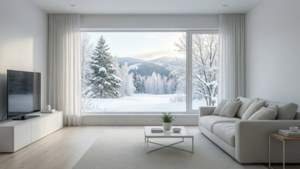 Una serena sala de estar minimalista blanca con vista nevada, perfecta para un fondo de pantalla tranquilo. — Estética blanca Fondos de pantalla