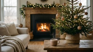 Sala de estar navideña acogedora y estética con chimenea y árbol minimalista.