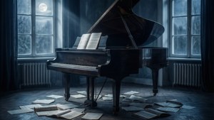 Piano de cola en una habitación oscura con luz de luna y partituras dispersas. — Estética musical Fondos de pantalla