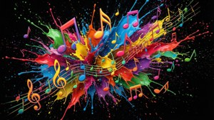 Notas musicales abstractas y salpicaduras de pintura coloridas sobre fondo negro. — Estética musical Fondos de pantalla