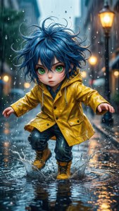 Un niño anime de cabello azul salpicando alegremente en un charco en una calle de ciudad bajo la lluvia. — Anime niños Fondos de pantalla