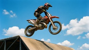 Un salto en moto de cross desde una rampa bajo un cielo azul despejado.