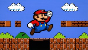 Arte pixelado de Mario saltando sobre un foso en un nivel clásico de Super Mario de 8 bits, retro y nostálgico. — Mario Fondos de pantalla