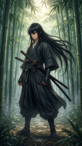 Un samurái de anime tradicional en un bosque de bambú brumoso. — iPhone 5 Fondos de pantalla