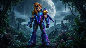 Escena de ciencia ficción de Samus Aran en un planeta alienígena con una luna gigante. — Nintendo Fondos de pantalla