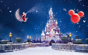 Santa Claus volando sobre un castillo con globos — Disney navidad Fondos de pantalla