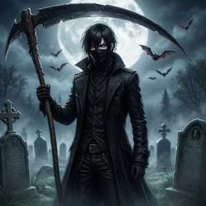 Segador anime oscuro con guadaña en el cementerio.