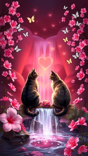 Día de San Valentín, amor, cascada, gatos, corazones brillantes, flores rosas, mariposas, serenidad, fondo de pantalla para smartphone — Amor Fondos de pantalla