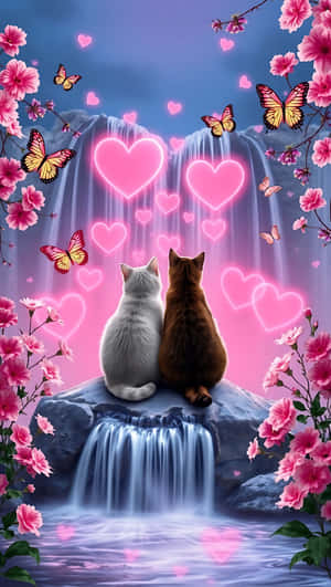 Día de San Valentín, amor, cascada, gatos, corazones brillantes, flores rosas, mariposas, serenidad, fondo de pantalla para smartphone — Cascada Fondos de pantalla