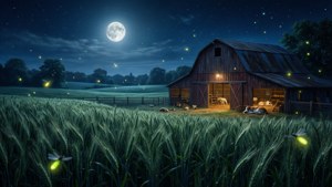Una noche tranquila en la granja de Hay Day bajo la luna.