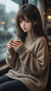 Acogedora chica anime con té junto a una ventana lluviosa. — iPhone 7 Fondos de pantalla