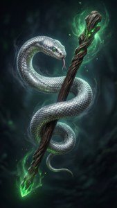 Una serpiente enroscada alrededor de una varita brillante.