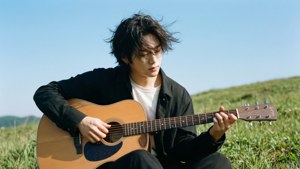 Seungmin tocando la guitarra en una colina cubierta de hierba bajo el cielo azul
