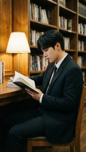 Seungmin de Stray Kids leyendo en una biblioteca