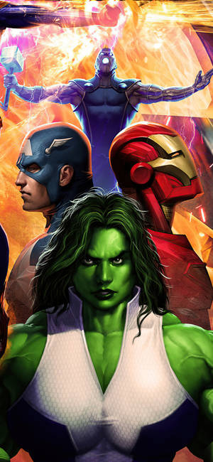 Fondo de pantalla de She Hulk con los héroes de Marvel — iPhone 14 Plus Fondos de pantalla