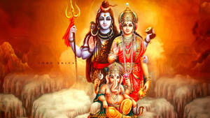 Shiva Parvati Ganesha Fondo Rojo y Naranja