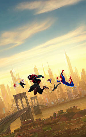 Spider-Verso con diferentes Spider-Man saltando en el aire. — Galaxy Tab S9 Fondos de pantalla