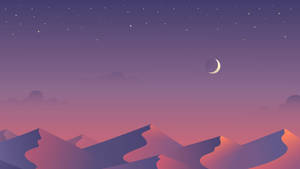 Fondo de pantalla estético minimalista de montaña pastel y luna creciente con cielo púrpura.