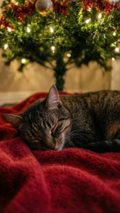 Gato durmiendo bajo un árbol de Navidad con luces. — Estética navideña acogedora Fondos de pantalla