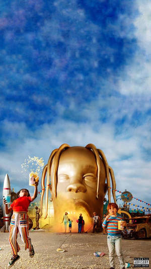 Fondo de pantalla genial en HD de Astroworld con parque de diversiones y cabeza de estatua de Travis Scott. — Frío Fondos de pantalla