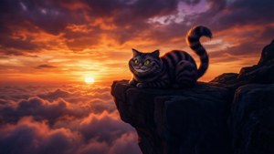 Silueta del Gato de Cheshire contra un colorido atardecer. — Gato de Cheshire Fondos de pantalla