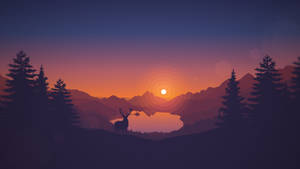 Fondo de pantalla minimalista de pino, montañas y venado bajo el atardecer