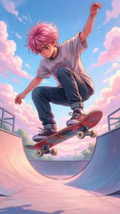 Un chico skater anime colorido realizando un truco en un cielo de ensueño. — Estética skater boy Fondos de pantalla