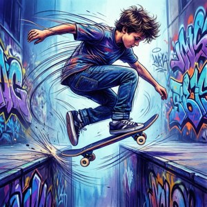 Una ilustración artística de un joven skater en el aire con colores vibrantes. — Estética skater boy Fondos de pantalla