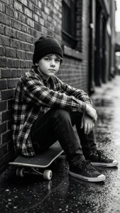 Chico skater melancólico en blanco y negro descansando contra una pared de ladrillo bajo la lluvia. — Estética skater boy Fondos de pantalla
