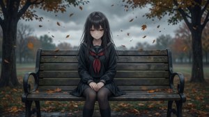Una chica anime solitaria en una banca en otoño, sintiendo tristeza. — Anime triste GIF Fondos de pantalla