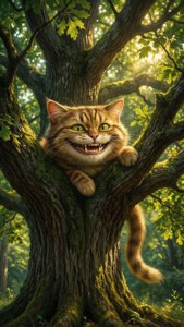Gato de Cheshire realista sonriendo en un roble iluminado por el sol. — iPhone 6 Fondos de pantalla