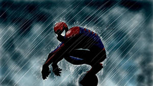 Spiderman sentado afuera mojándose bajo la lluvia
