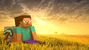 Niño de paisaje de Minecraft viendo el atardecer