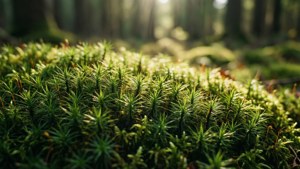 Primer plano de musgo verde exuberante bajo la luz del sol en el bosque.