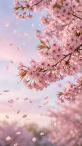Suaves cerezos en flor de color rosa flotando en un cielo pastel, encarnando la estética rosa claro. — Rosa claro estético Fondos de pantalla