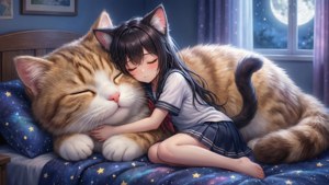 Una chica nekomimi durmiendo con un peluche gigante de gato — Gato anime Fondos de pantalla