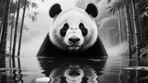 Panda en doble exposición con reflejo de bosque, fondo de pantalla surrealista en blanco y negro. — Panda Fondos de pantalla