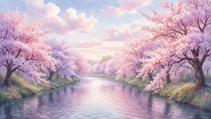Un río sereno bordeado de cerezos en flor en tonos pastel, con vibraciones estéticas suaves.