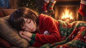 Chica anime durmiendo en pijama navideño junto a la chimenea