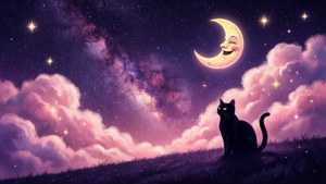 Noche estética caprichosa de cielo galáctico con luna sonriente y silueta de gato — Estético lindo GIF Fondos de pantalla