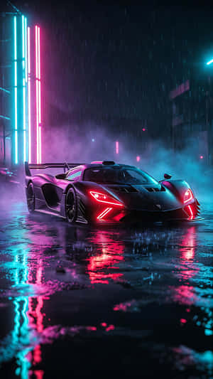 hypercar, supercar, puertas, humo, púrpura, cian, neón, luces, cielo, tormenta, nubes, futurista, concepto, lujo, exclusivo, diseño, automotriz, tecnología, reflejo, mojado