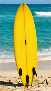 Una tabla de surf amarilla en la arena con olas turquesa, vibrante estética veraniega de surf. — Estética de verano Fondos de pantalla