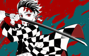 Fondo de pantalla de Demon Slayer de Kamado Tanjiro sosteniendo una larga espada negra y elegante.