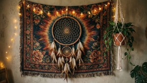 Tapiz bohemio con atrapasueños y luces de hadas.