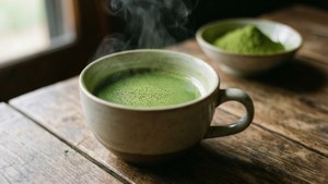 Taza de té verde matcha sobre una mesa de madera.